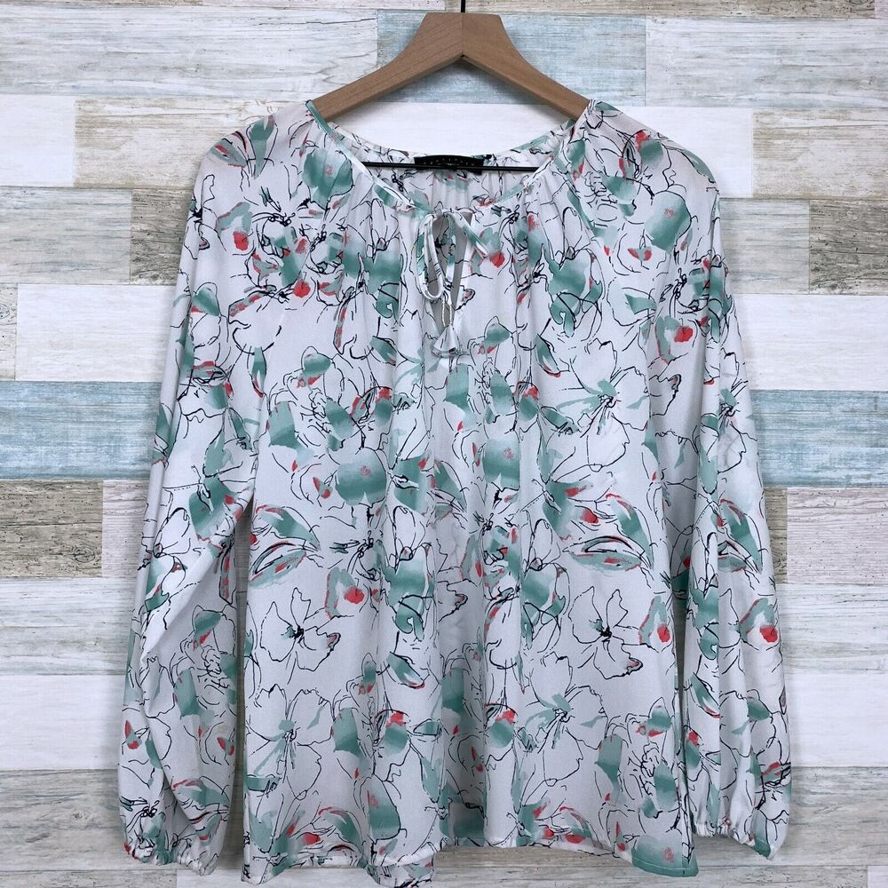 Sanctuary Floral Peasant Tie Neck Blouse White Green Tassel Casual Womens Medium